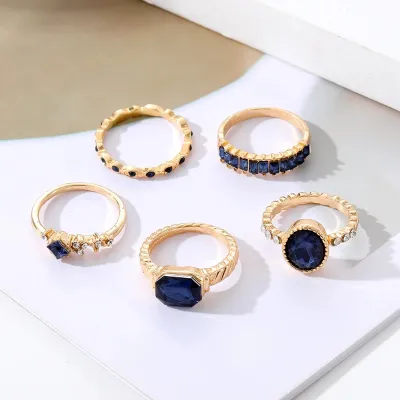 5pcs Blue Retro Faux Gemstone Ring Set